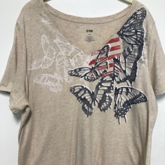 EVRI Womens V-Neck Butterfly Red/White/Blue Short Sleeve Tee. 1X - Picture 1 of 4